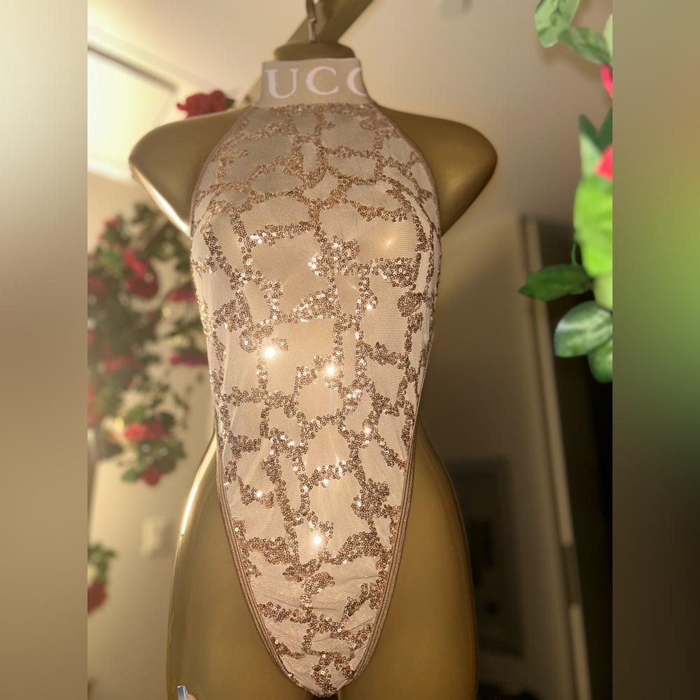 One piece custom gold “Gucci” embroidered bikini thong